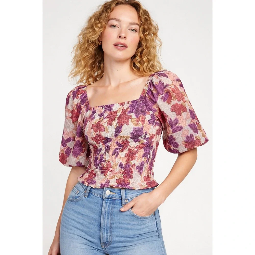 Old Navy Womens 2X Floral Smocked Puff Sleeve‎ Square Neck Blouse Purple Red